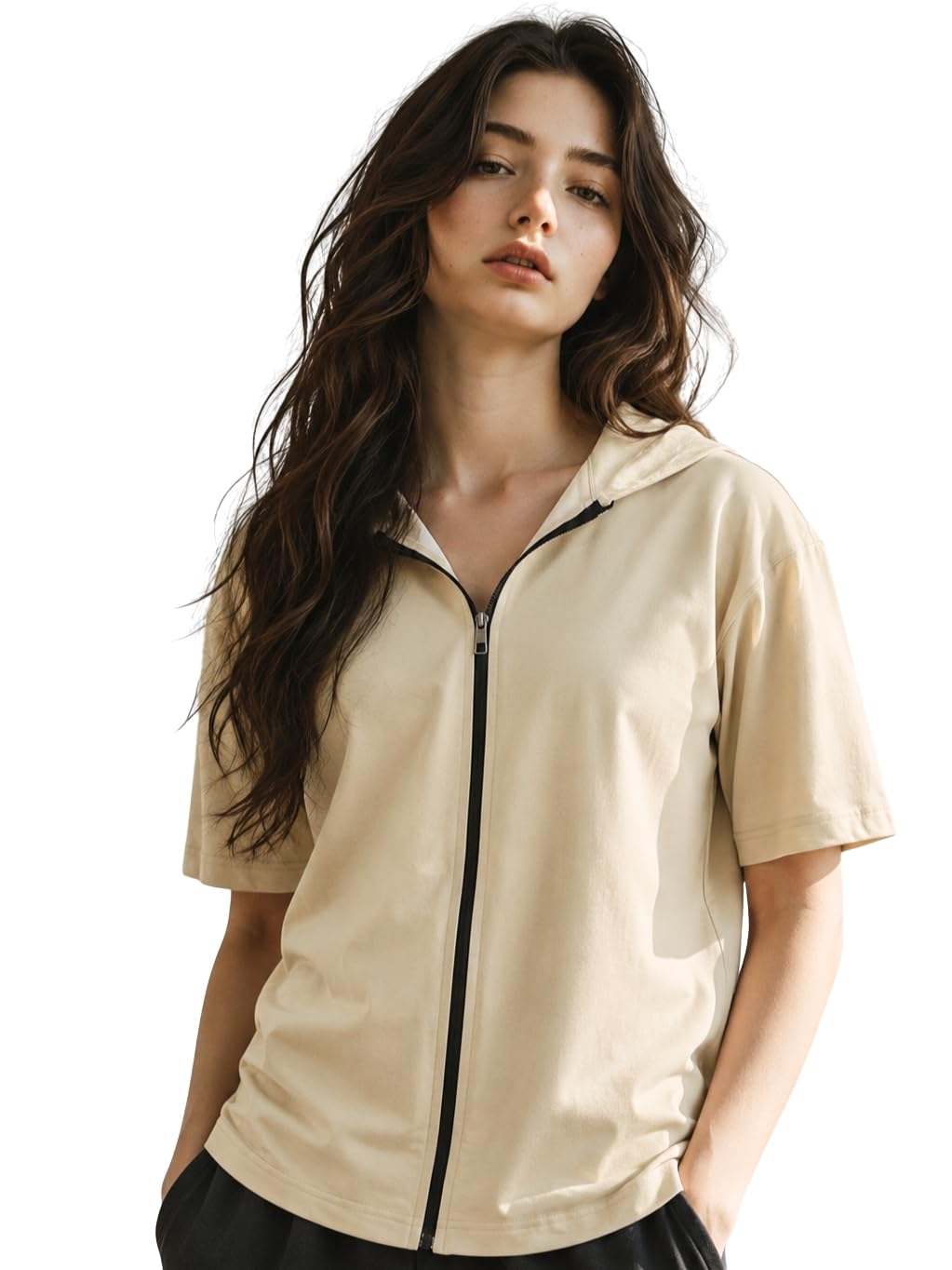 own the look Women's 220 GSM 100% Cotton Relaxed Fit Hooded Neck Half Sleeve Zipper T-Shirt-picture-34