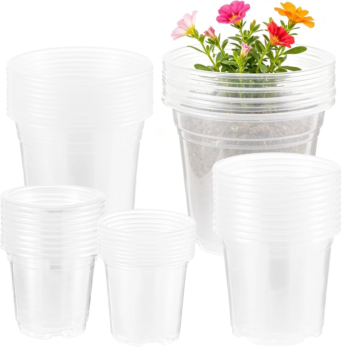 50 Pack 3/4/5/6/7 Inch Clear Nursery Pots with Drainage Holes, Thickened Transparent Plastic Plant Pots, Starter Potting Containers for Observing Root Growth, Indoor & Outdoor Use