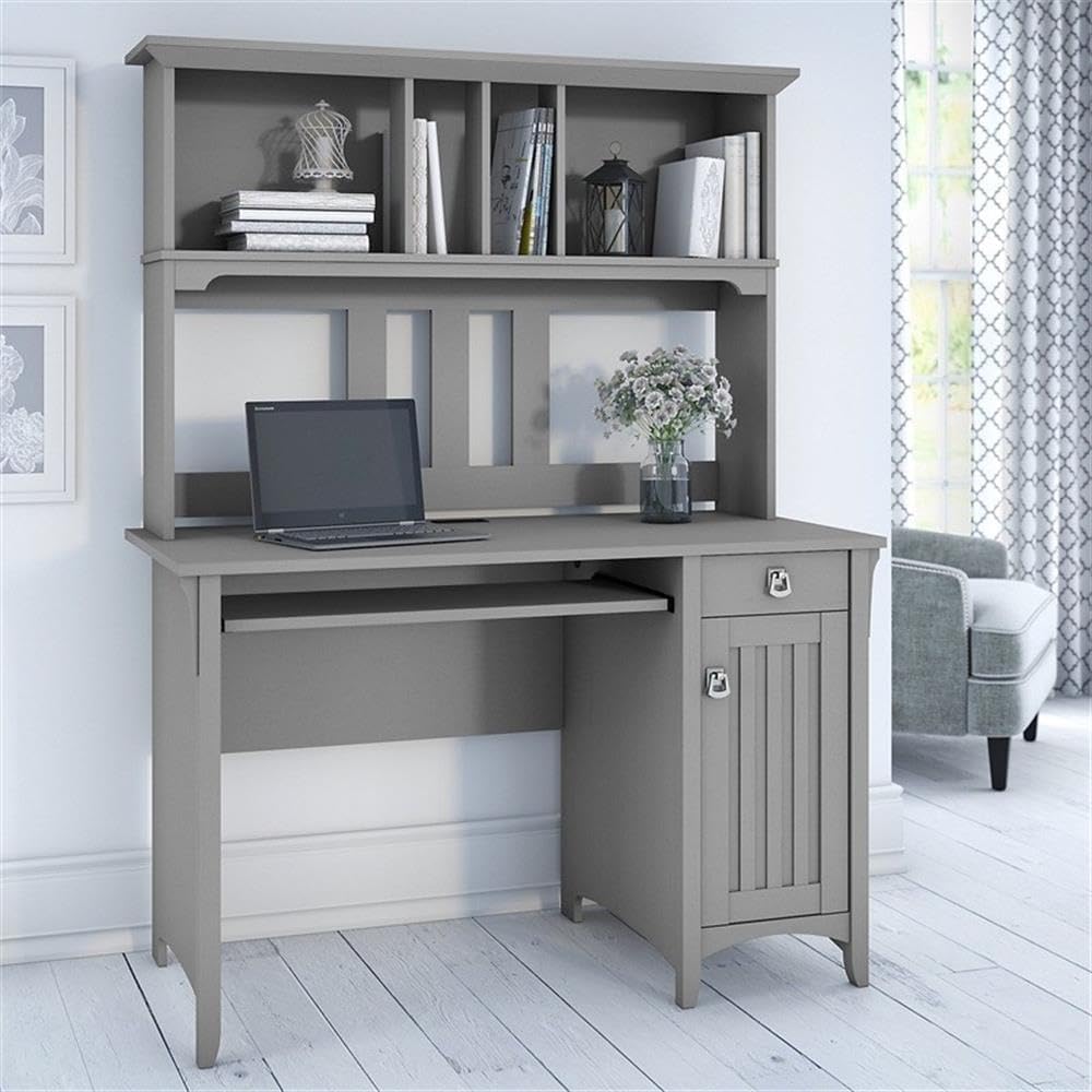 Atlin Designs Contemporary Engineered Wood Small Computer Desk with Hutch, Cape Cod Gray Finish, Compact 48W x 23D Design, Wire Management, Storage Cabinet and Box Drawer, Mission Style Home Office