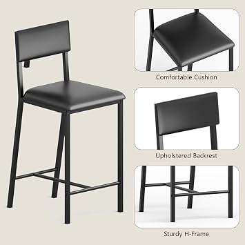 Counter Height Bar Stools Set of 2, 26 Modern Faux Leather Bar Chairs with Back & Sturdy Metal Legs, Armless Kitchen Island Chairs for Kitchen Island, Black (2 Pcs)