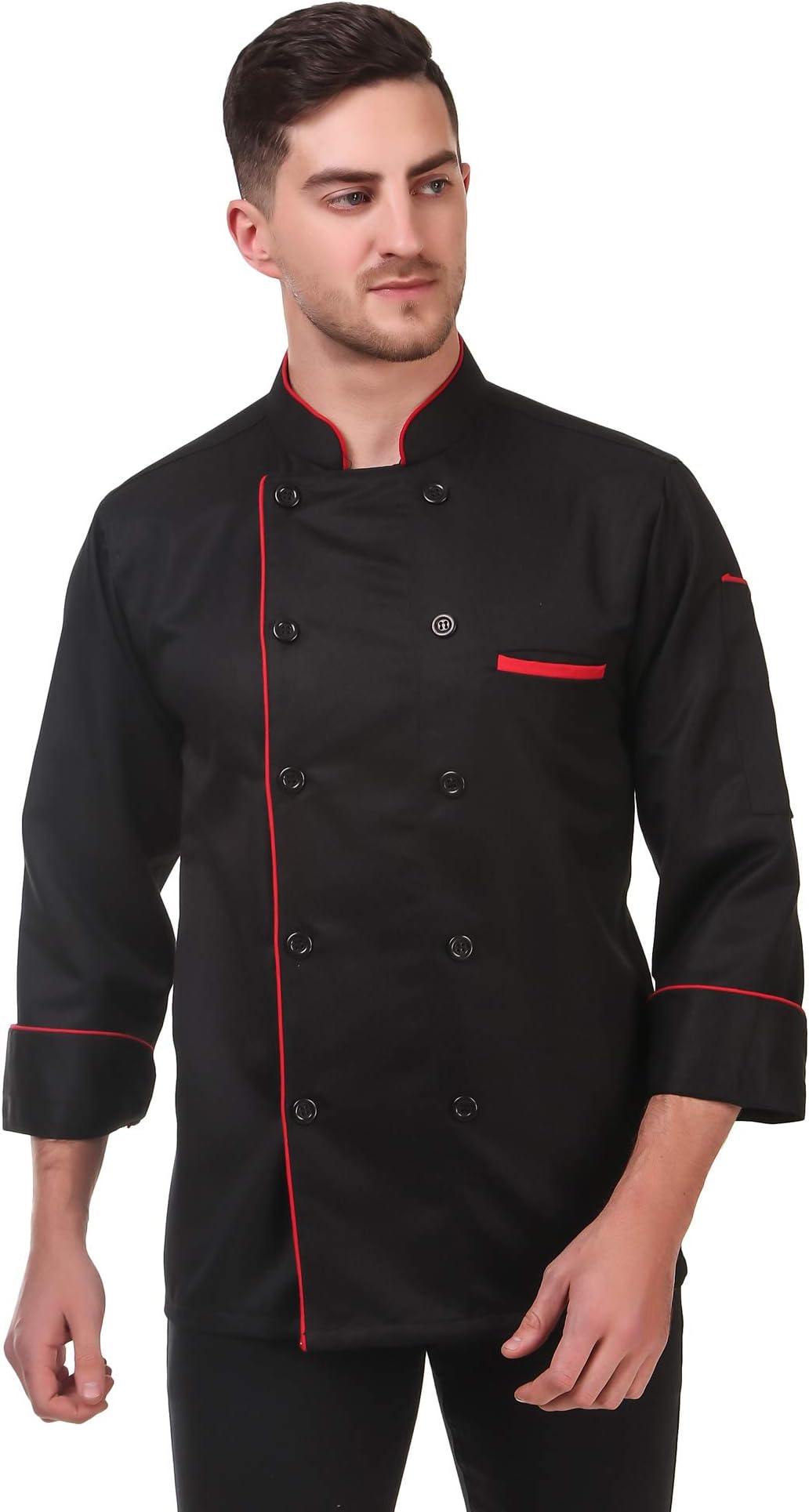 KODENIPR CLUB Men Traditional Black Casual Style Chef Coat Red Piping, Poly/Cotton,Size (X-Large(42))