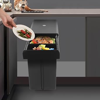 Pull Out Under Cabinet Trash Can, Pull Out Trash Cans, 10L + 20L Kitchen Cabinet Garbage Can, Pull-Out Kitchen Bin (Black)
