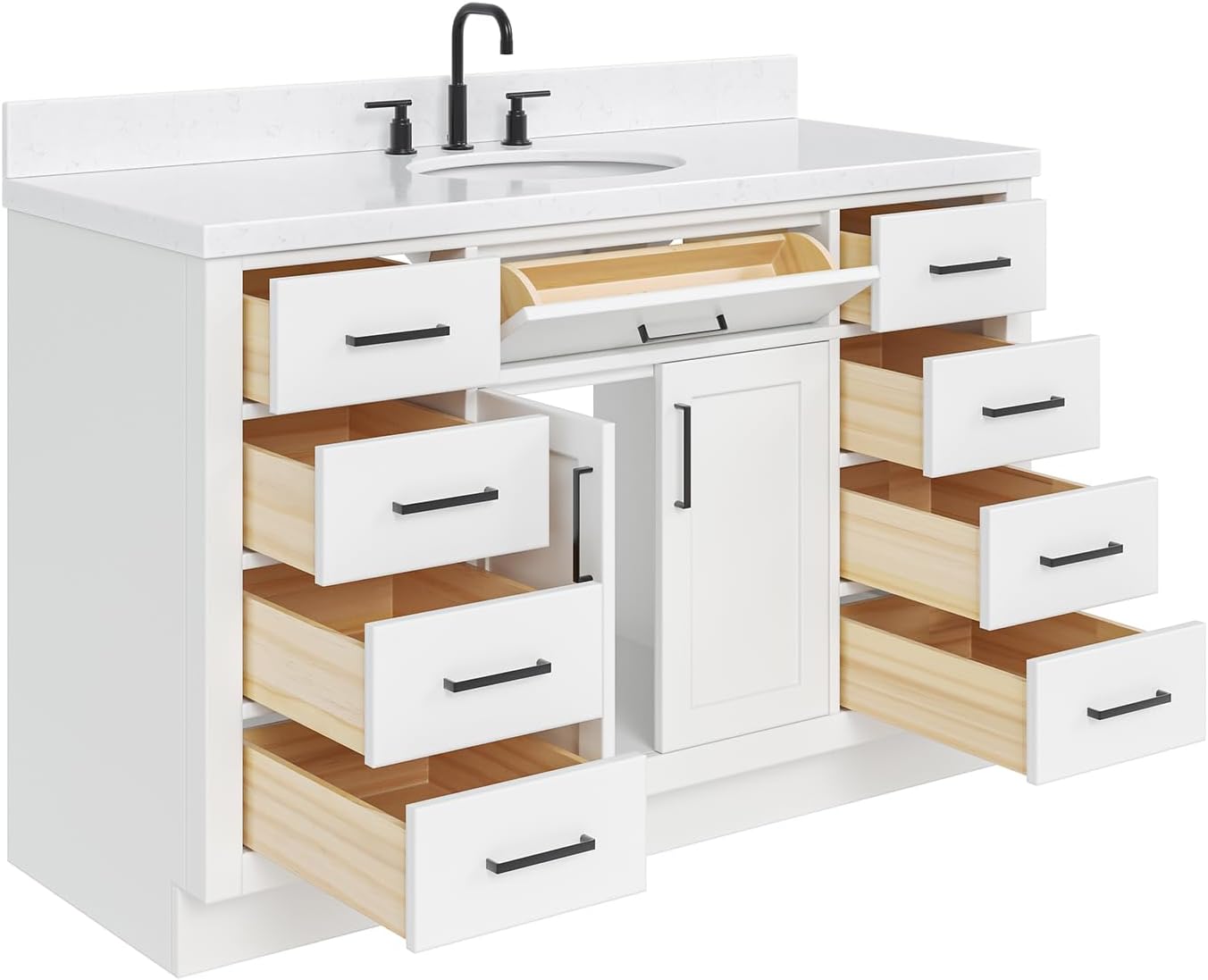 Нисходящий view of the ARIEL Hepburn vanity with all drawers and cabinet doors open, showcasing the oval sink and internal storage.