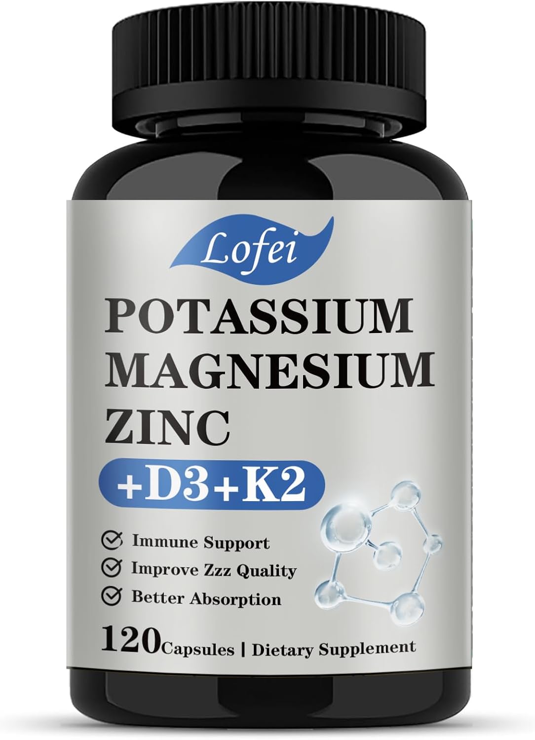 Potassium Magnesium Supplement,Magnesium Potassium Zinc Supplement with Vitamin D3& K2,Support Immune for Women & Men,Enhanced Absorption,Non-GMO (120 Veg Capsules)