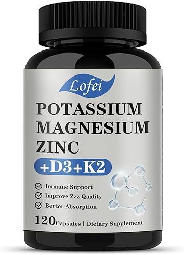 Suplemento de potasio y magnesio, magnesio y potasio y zinc con vitamina D3 y K2, apoyo inmunológico para mujeres y hombres, absorción mejorada, sin