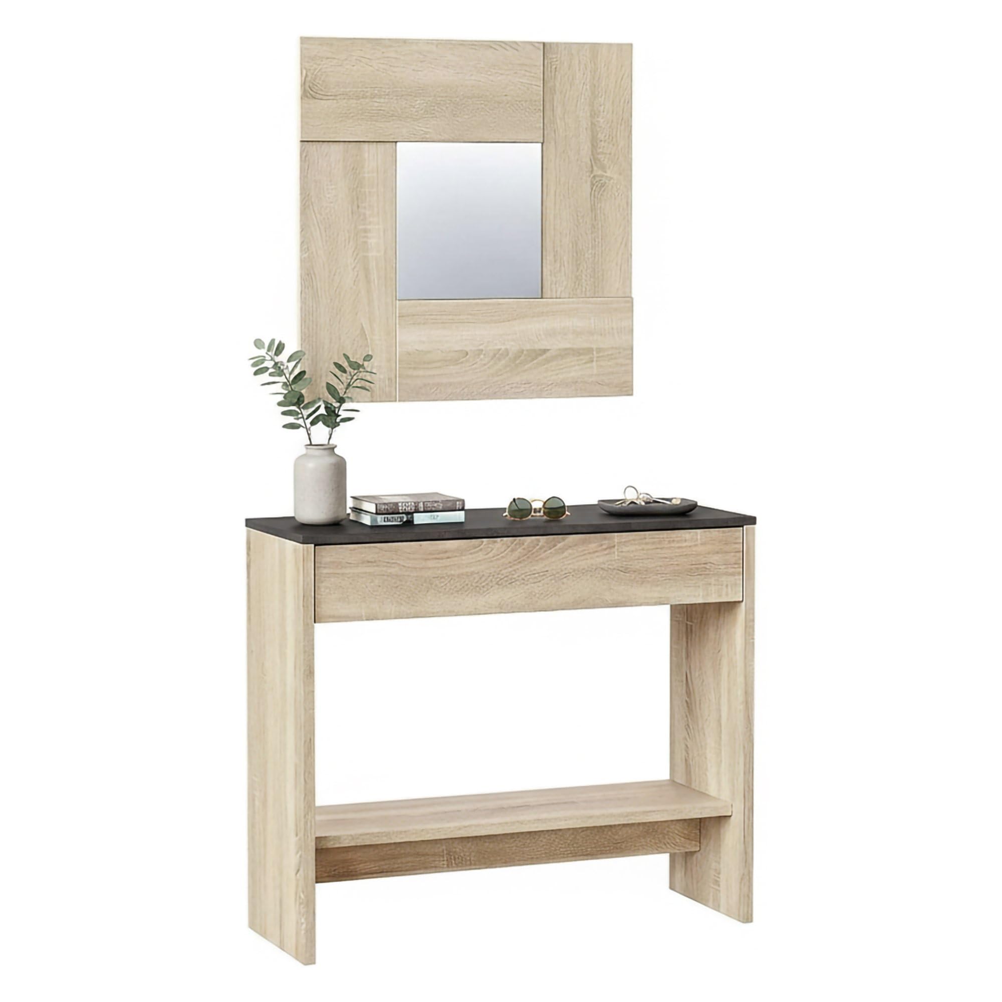 Dmora - Mobile da ingresso Gilbert, Entratina con specchio, Mobile con cassetto e ripiano per entrata, Armadio moderno per atrio, cm 92x33h149, Rovere e Noce