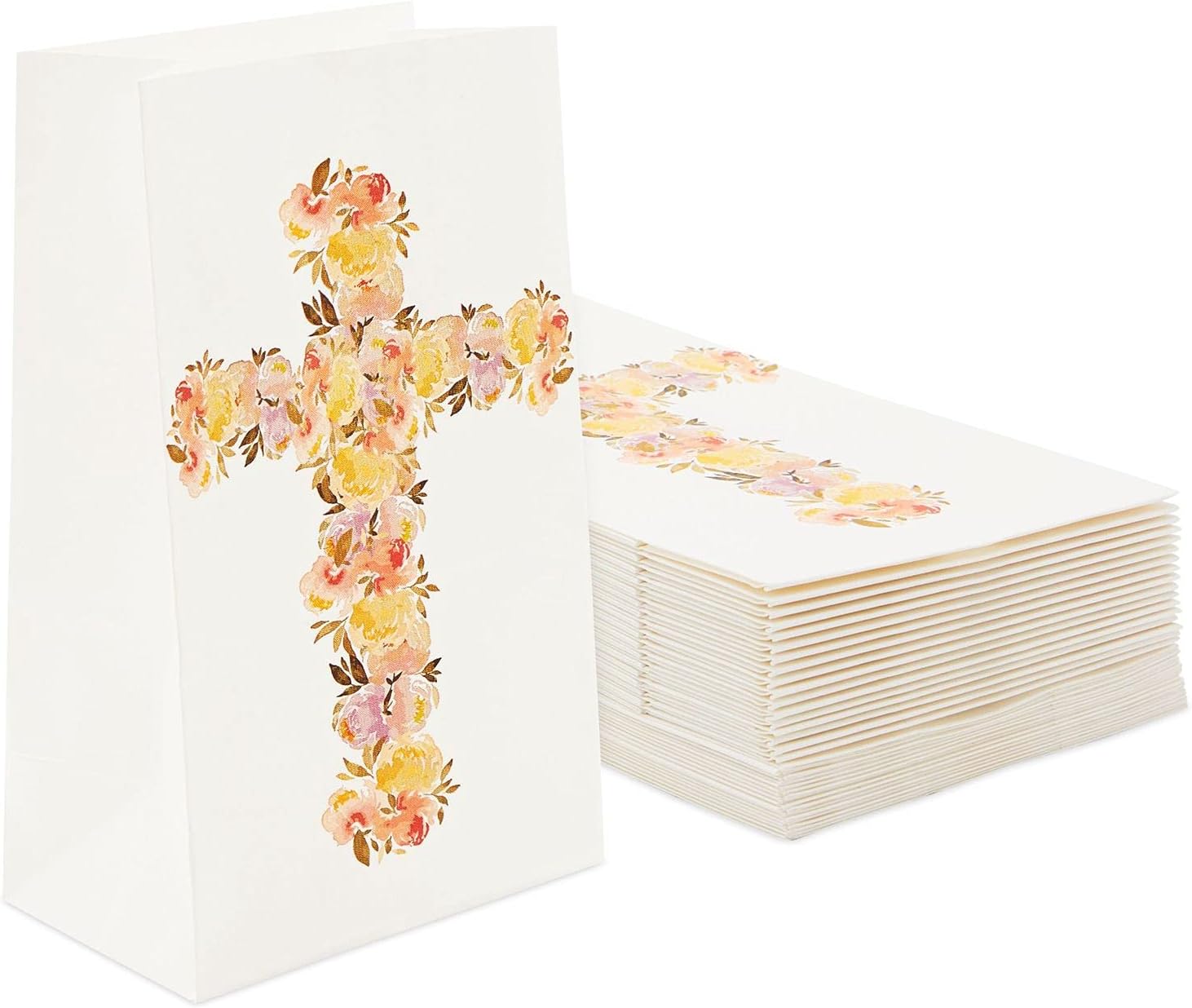 BLUE PANDABLUE PANDA 36-Pack Religious Party Favors Gift Bags for Baptism, First Communion, Easter and Children’s Birthday, Party Supplies Goodie Bag with Chic Floral Cross Design, 5.2x8.7x3.3 inches
