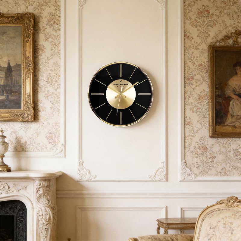 Image of Daniel Hechter Paris Seine Collection Wall Clock, Silent Sweep Non-Ticking,12 inch(30cm) HD Glass Black Dial, Gold Aluminum Face & Metal Frame, Modern Decorative Clock for Home & Office - DHCL1004