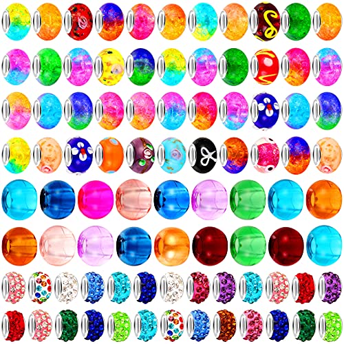 100 Pieces Large Hole European Beads Charm Bracelet Bracelet Beads Metal Beads Rhinestone Charms Beads Spacer Beads DIY Craft Beads for DIY Charms Bracelet Jewelry Making (Charming Colors)