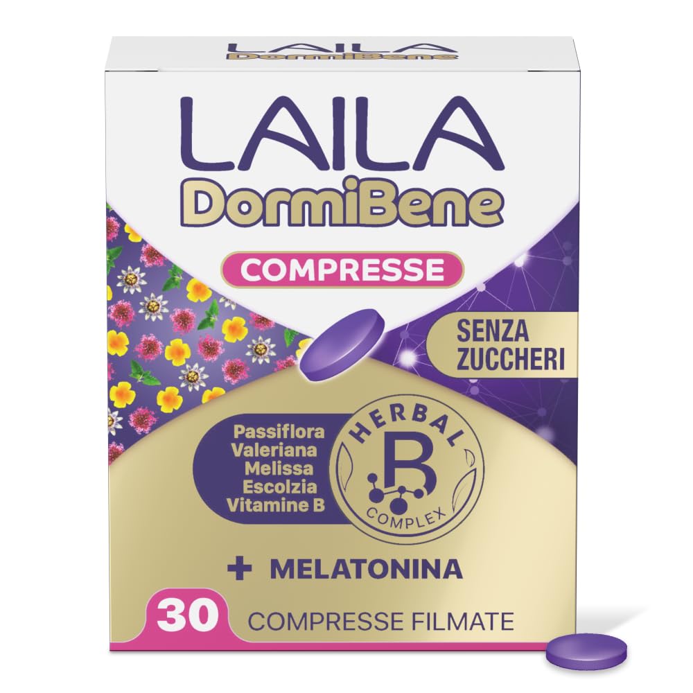 Laila DormiBene Compresse Integratore alimentare per il sonno con Herbal B Complex e Melatonina per favorire un rapido addormentamento. Confezione da 30 compresse. Senza zuccheri, Senza Glutine