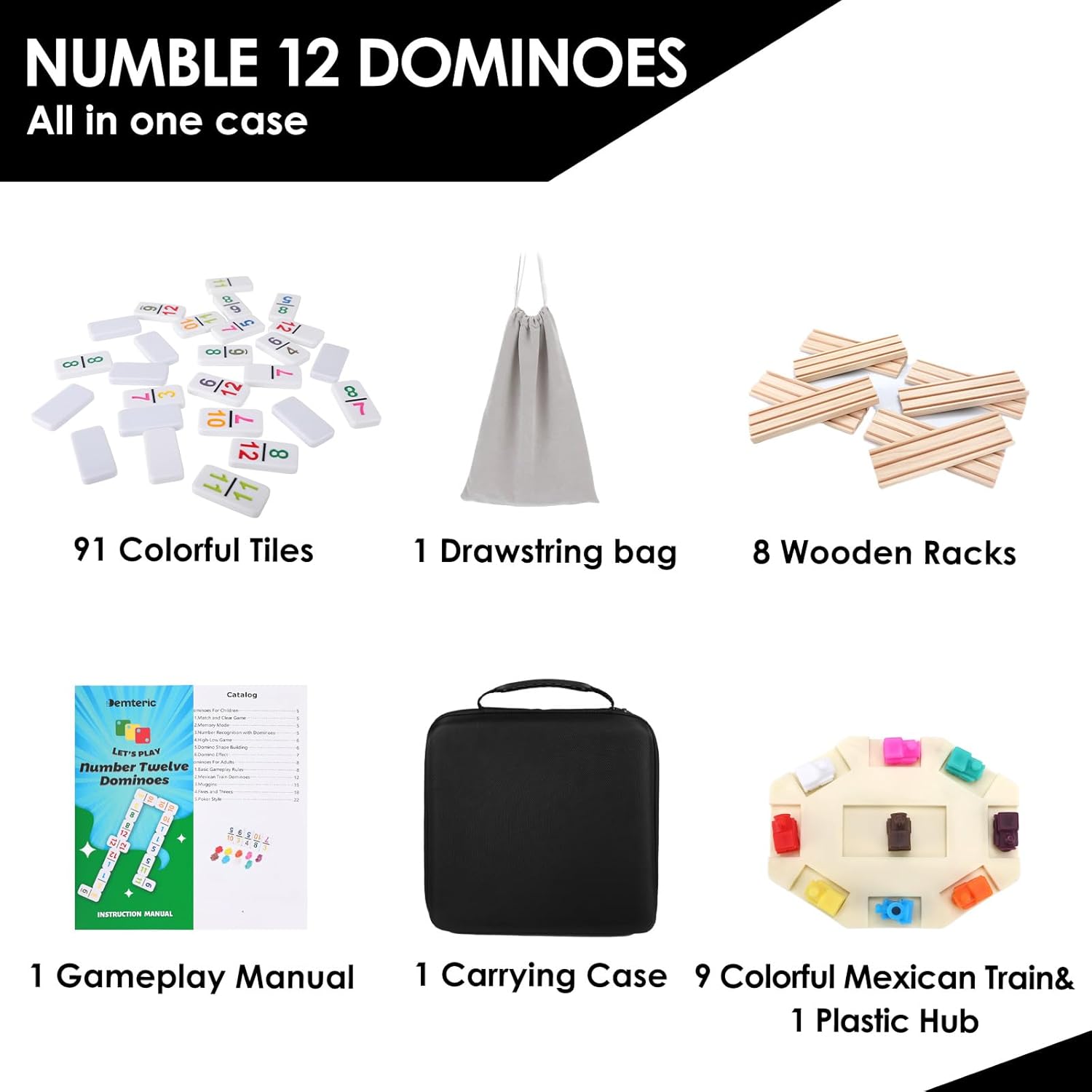 Mexican Train Dominoes Set Double 12 Colored Number Dominos with 8 Wooden Racks & 91 Tiles Portable Travel Case Classic Family Board Game Cognitive Strategy Game for Adults Kids