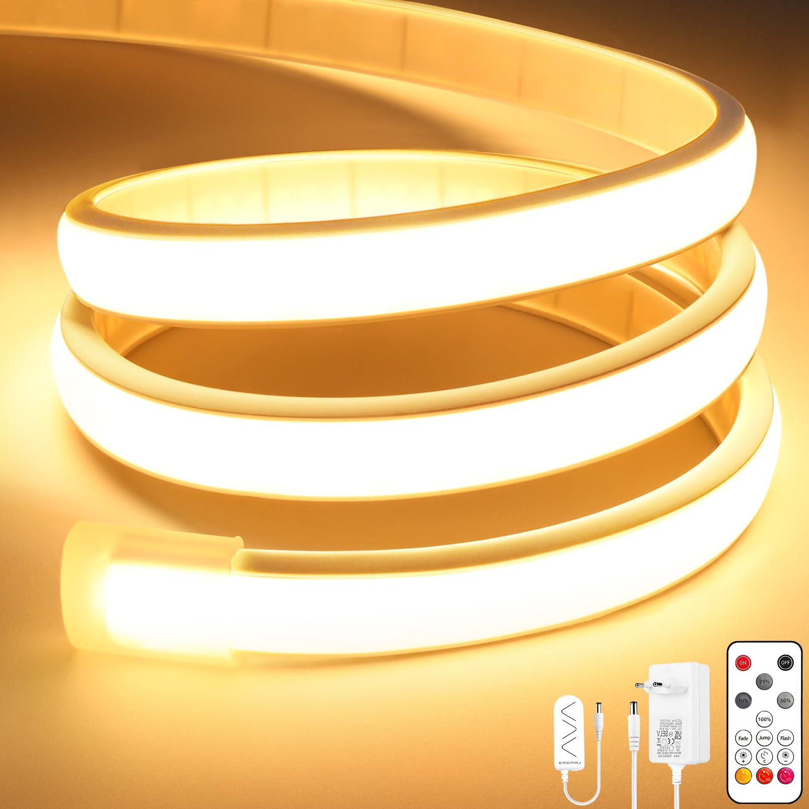 Lamomo COB LED Streifen, Warmweiss Dimmbar 3M LED Strip mit Fernbedienung, 3000K Selbstklebend Wasserdicht Neon Led Leiste, 10mm Breit, Silikon Flexibel Lichtleiste für Innen Schrank Deko, CRI90+