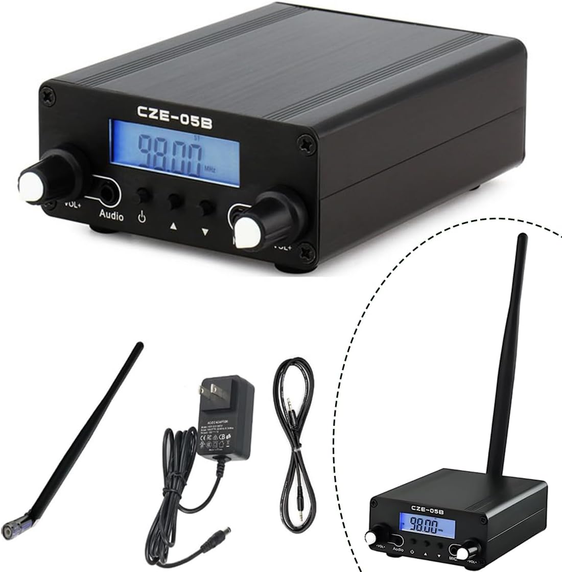 0.5W 0.1W Long Range FM Transmitter,Stereo Mini Radio Station with LCD & 3.5mm Audio Cable,for Drive-in Movies, Lights & Fireworks Shows,Church Parking Lots