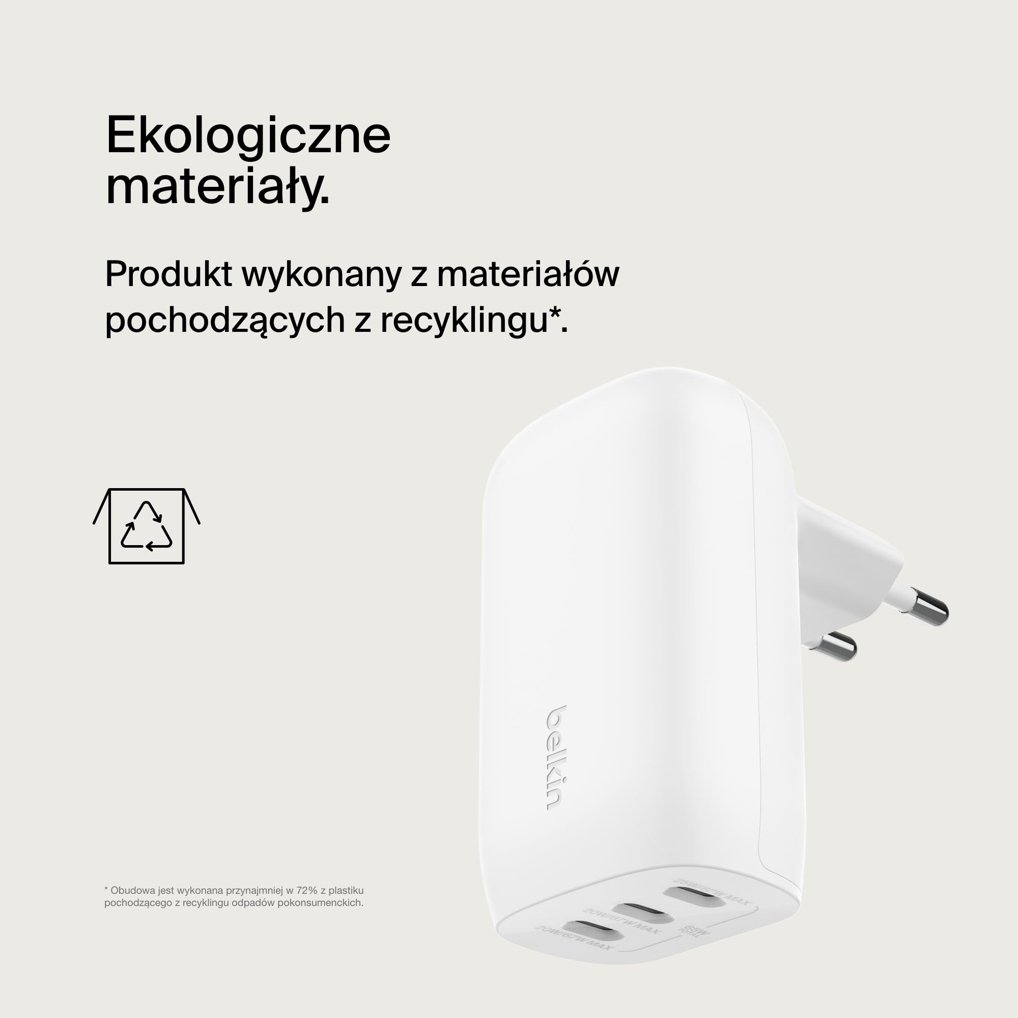 Belkin BoostCharge 3-portowa ładowarka sieciowa USB-C z PPS 67 W, USB-C PD 3.1 do szybkiego ładowania urządzeń iPhone serii 15, MacBook Pro, AirPods, Galaxy i innych z obsługą PD – kolor biały