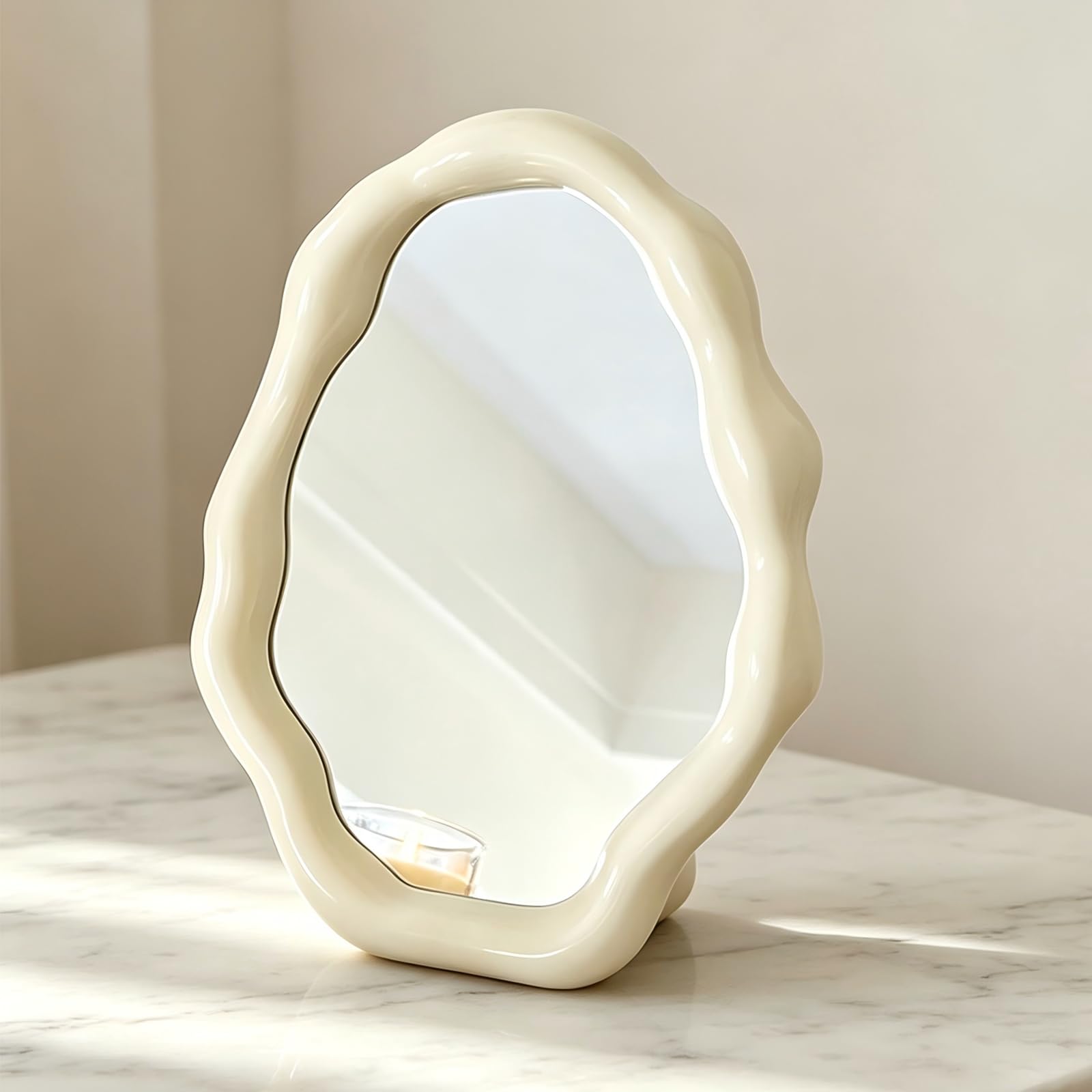 Muiltvoe Cloud Shape Desk Mirror - Wavy Vanity Mirror with Stand, Portable Aesthetic Makeup Mirror for Tabletop, Lightweight Travel Mirror for Purse, Cream White Boho Room Decor
