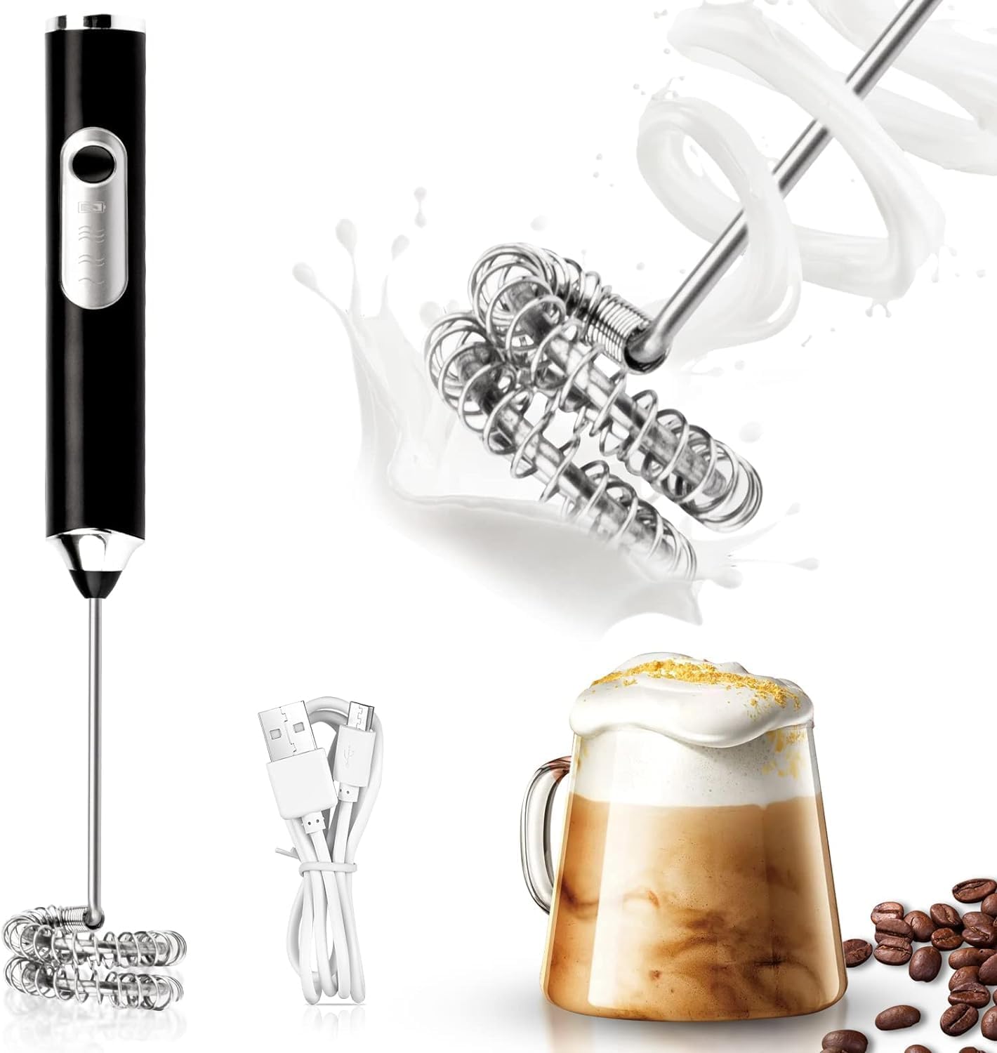 USB Rechargeable Electric Foam Maker Milk Wand Mixer Frother for Hot Milk, Hand Blender Coffee, Egg Beater (Black)