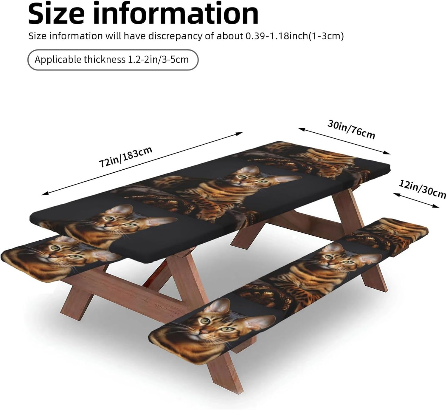 Bengal Cat Picnic Table Cover With Bench Covers And Bag, Windproof Waterproof Rectangle Tablecloth With Elastic Edges Fitted Camping Table Covers Portable Camping Accessories For Picnic Party Travel image 3