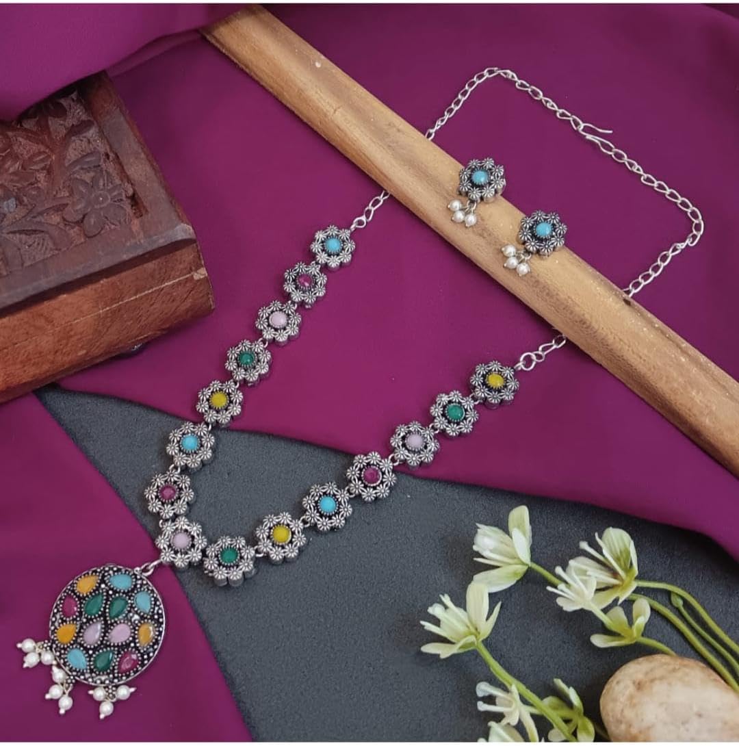 Efulgenz Oxidized Indian Jewelry Necklace Sets Indian Oxidized Jewelry Boho Floral Chain Pendant Crystal Necklace Set Faux Pearl Drop Dangle Earrings Bohemian Statement Jewelry Set for Women - Image 2