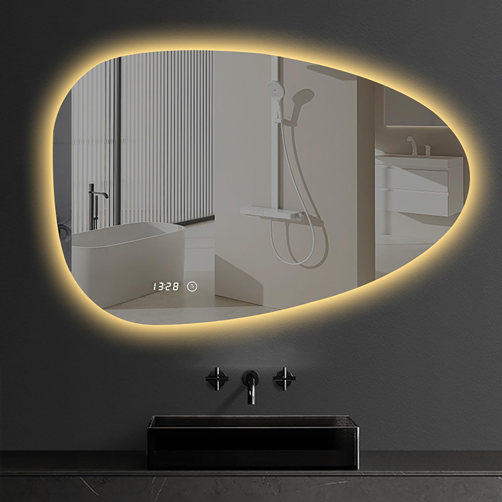 FGXHHS Irregular LED,3-Color Dimmable Backlit Vanity Mirror with Smart Touch Buttons,HD Glass Asymmetrical Wall-Mounted Mirror,Decorative Hanging Wall for Bathroom,60x80cm/23.6x31.5in
