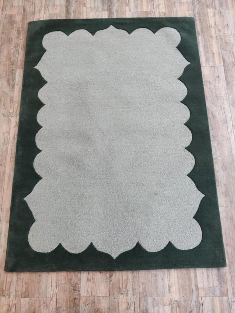 Area Rug with Scalloped Border, Blue and Beige, Modern Decorative Design, Soft Textured Carpet (Cream with Olive Green, 9/12 feet)