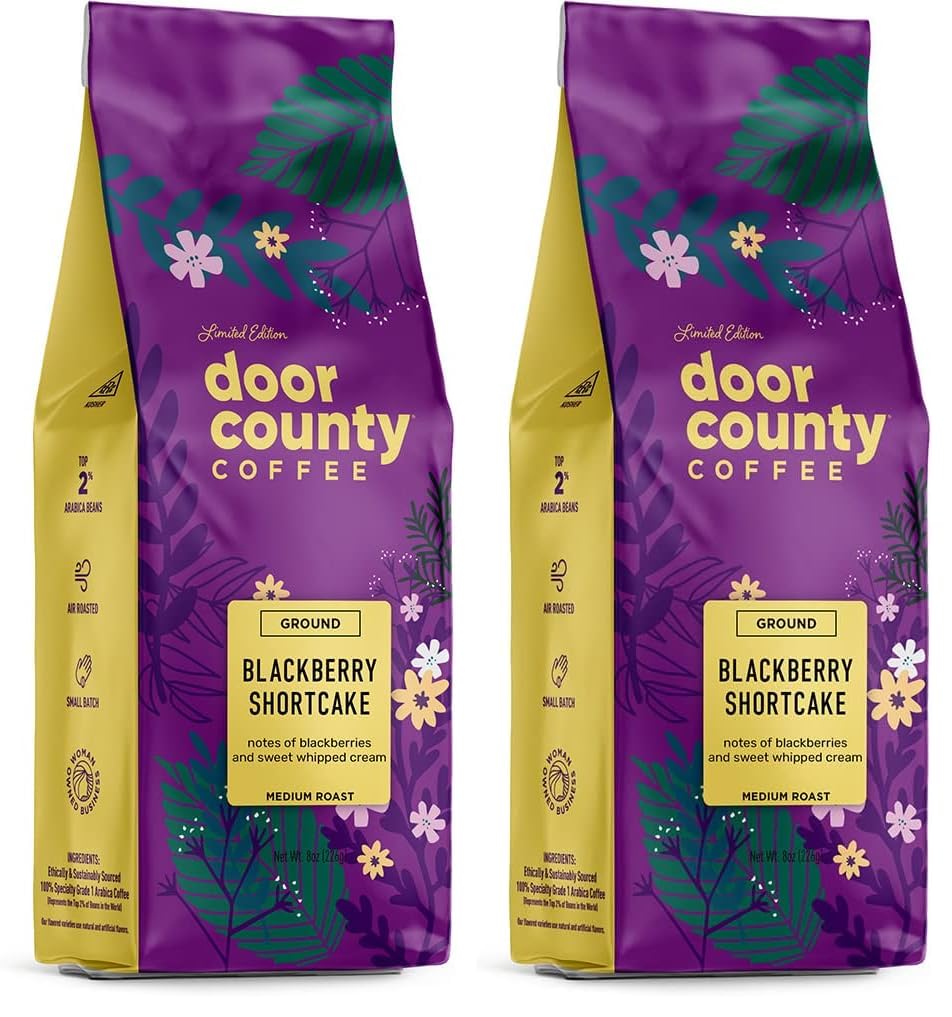 Door County Coffee Blackberry Shortcake, Flavored Coffee Ground - 8 oz Bag - Spring-Summer Seasonal - Medium Roast - 100% Specialty Arabica - Blackberries & Sweet Cream Flavored (Pack of 2)