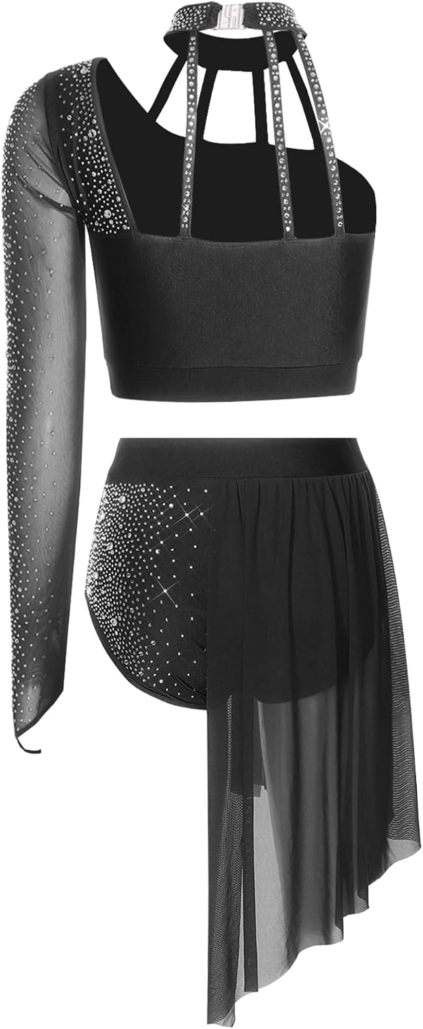 Women's 2 piece Sets Lyrical Dance Costume Halter Crop Top with Shorts | Modern Contemporary Dancewear,Single Long Sleeve Crop Top with Skirted Briefs,Latin dance,Figure Skating Dance Outfits