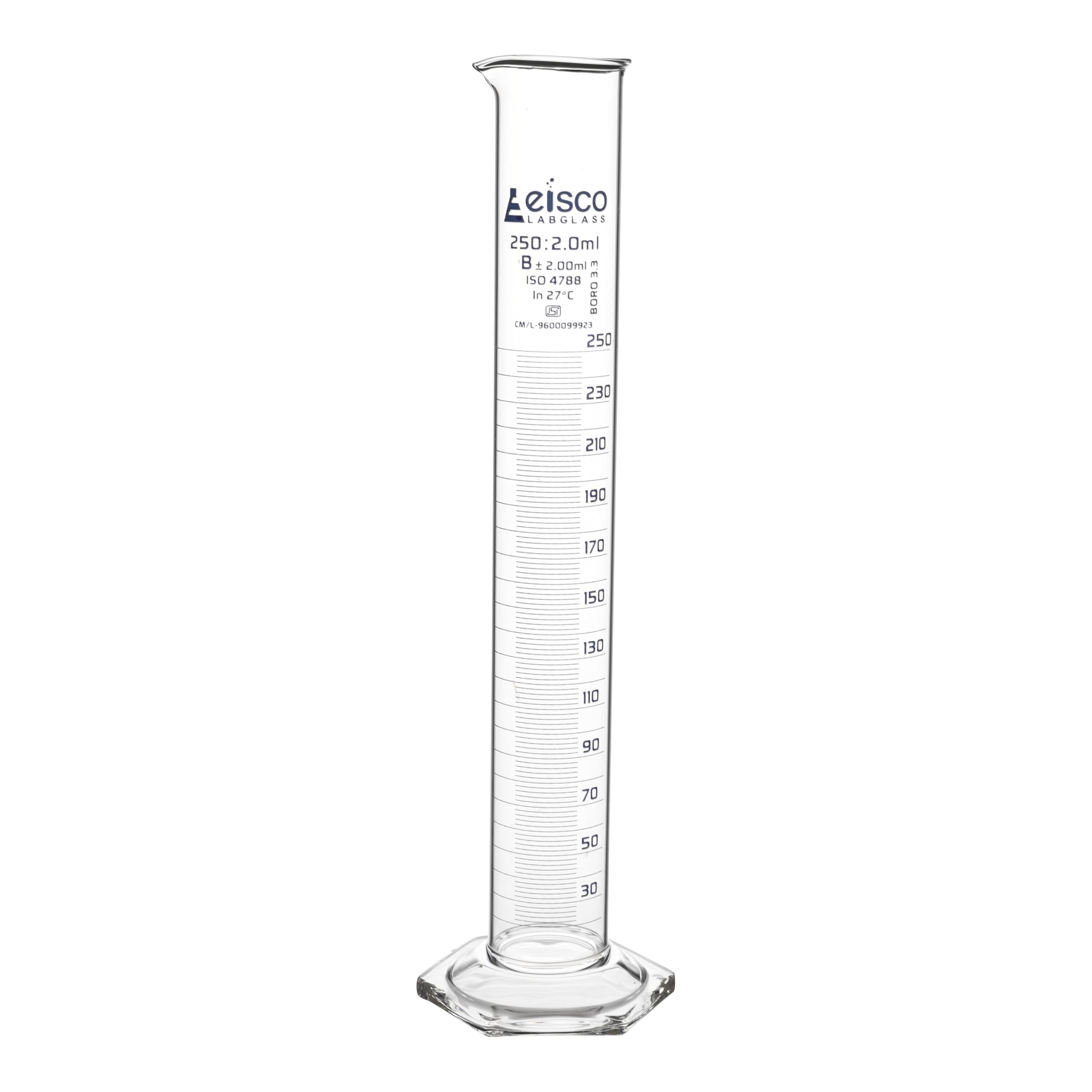 Cilindro graduado 250 ml probeta de cristal de borosilicato con escala cada 2 ml 8