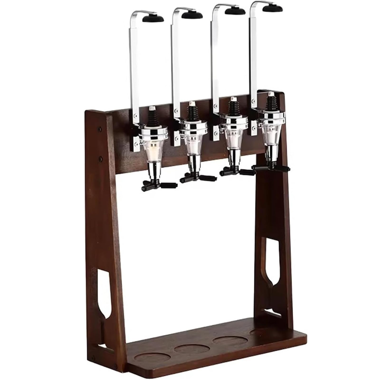 Likörspender für 4 Flaschen, Schreibtisch-Getränkespender, umgedrehte Flaschenhalterung, 25/35/45 ml gemessene Schnapsgläser, mit Massivholzständer, für Zuhause, Pub oder Küchenbar