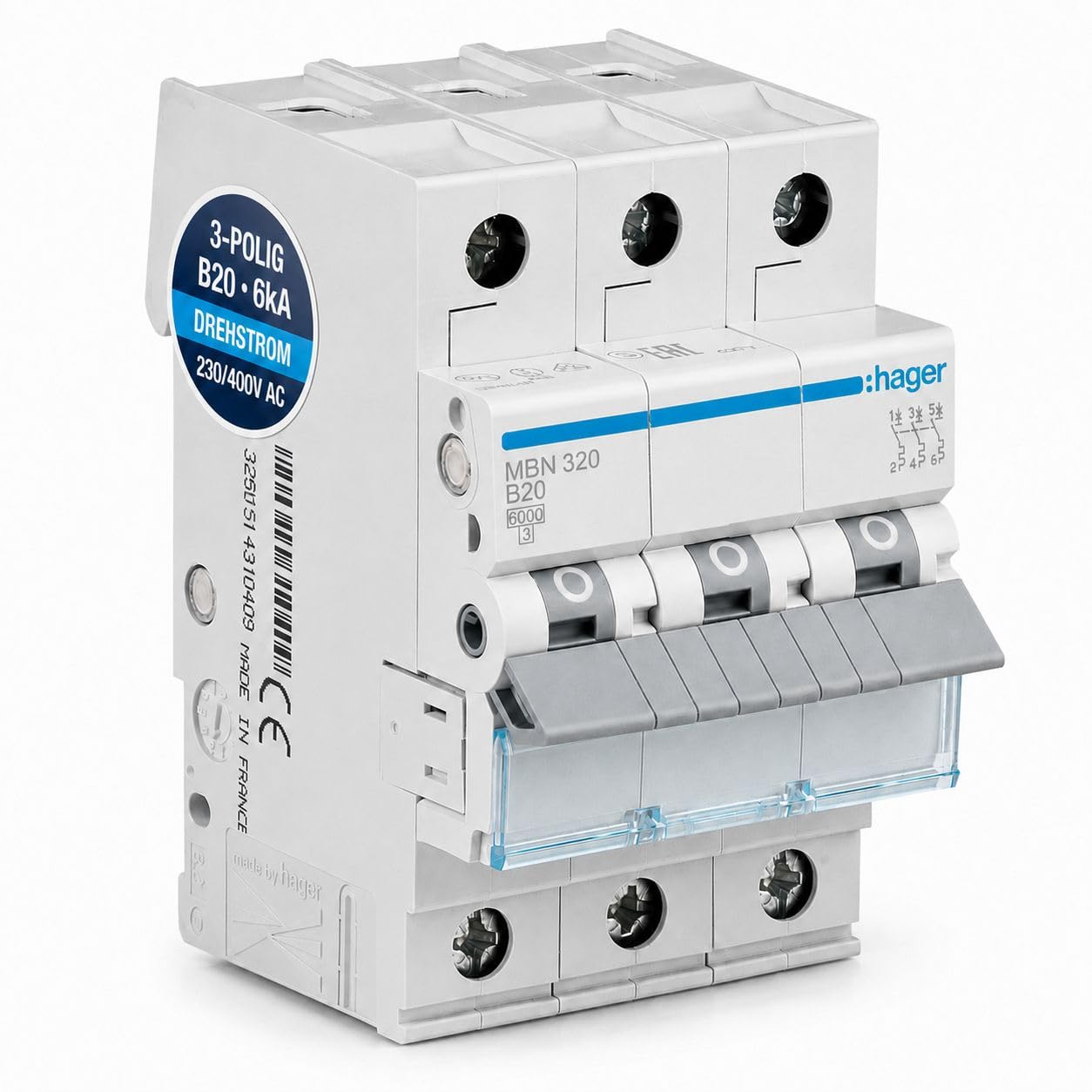 HAGER MBN320 Leitungsschutzschalter 3-polig B20A, Sicherungsautomat 20A, LS-Schalter Drehstrom 400V, 6kA Kurzschlussfestigkeit, biconnect Klemmsystem, FI Verteiler Hutschiene