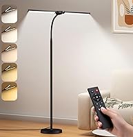 VrimNowit LED Floor Lamp for Living Room & Office - Dual Head Goose Neck, Adjustable Color Temp & Brightness, Remote Control, Eye-Caring Black Tall Lamp