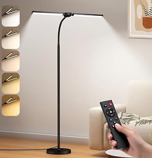 VrimNowit LED Floor Lamp for Living Room & Office - Dual Head Goose Neck, Adjustable Color Temp & Brightness, Remote Control, Eye-Caring Black Tall Lamp