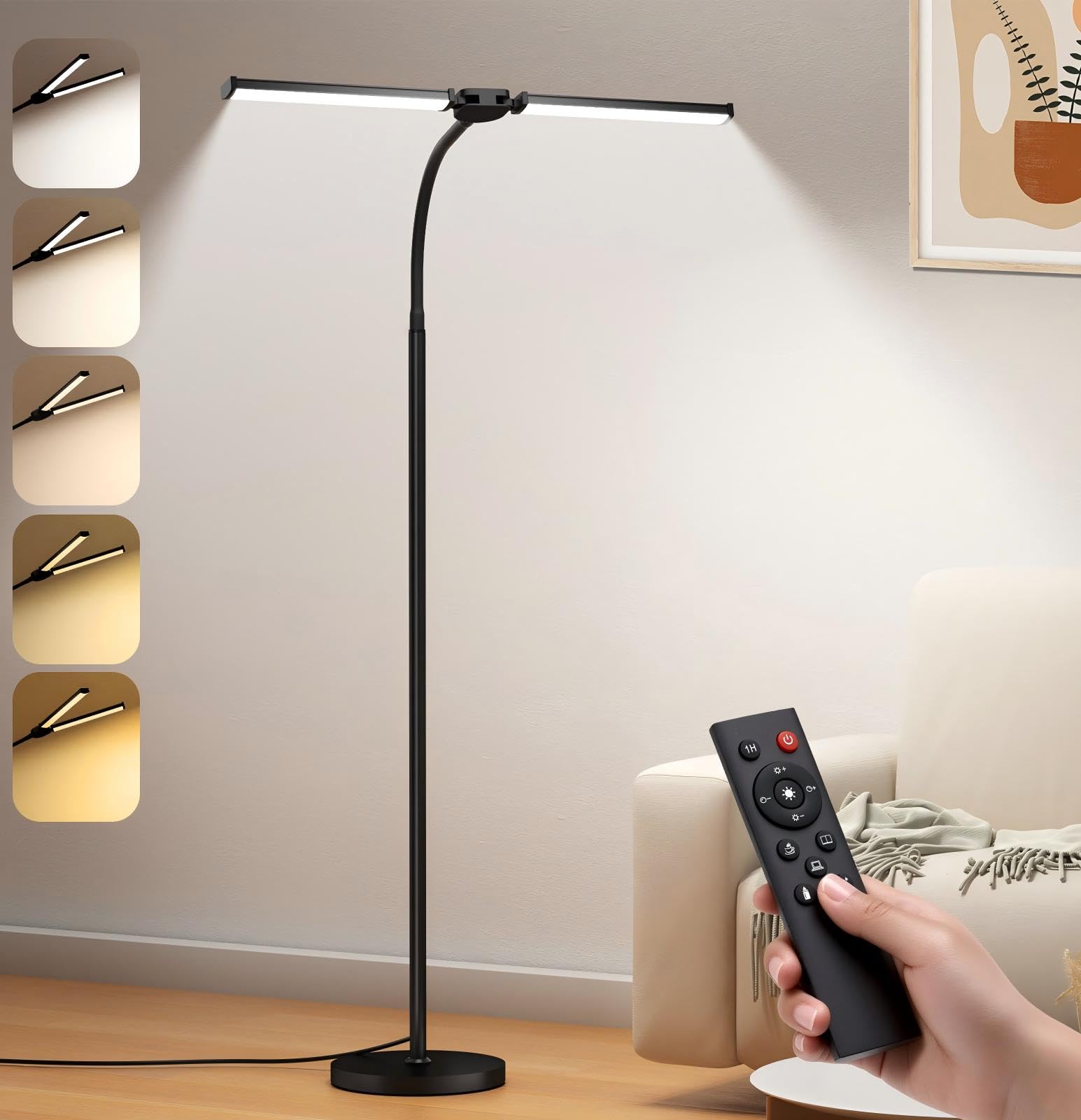 LED Floor Lamp for Living Room Bright Reading Lamps for Office Adjustable Colors Temperatures Brightness Dual Head Goose-Neck