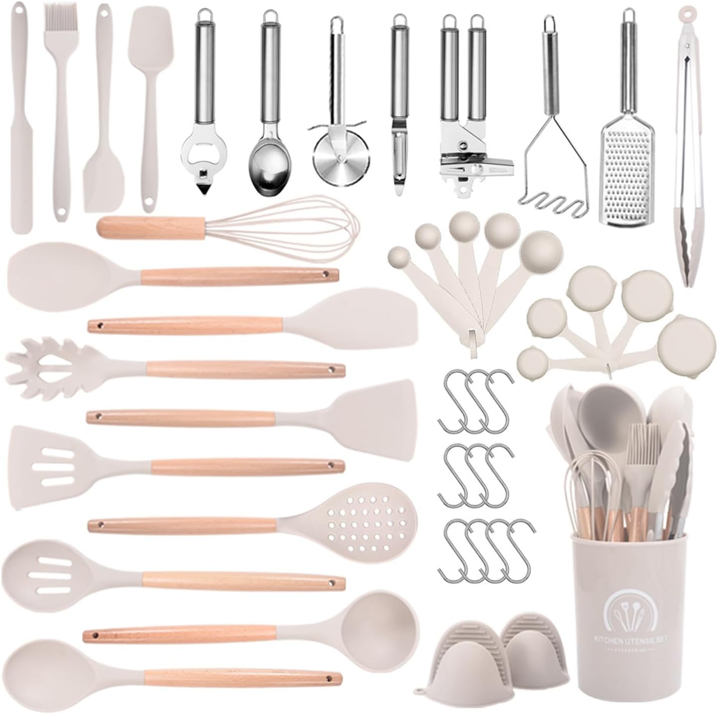 Kitchen Set Silicone Cooking Set Heat Resistant Dishwasher Safe with Wooden Handle Kitchenware Set Kitchen Tools and Gadgets Set for Cooking (Khaki 45 Pcs)