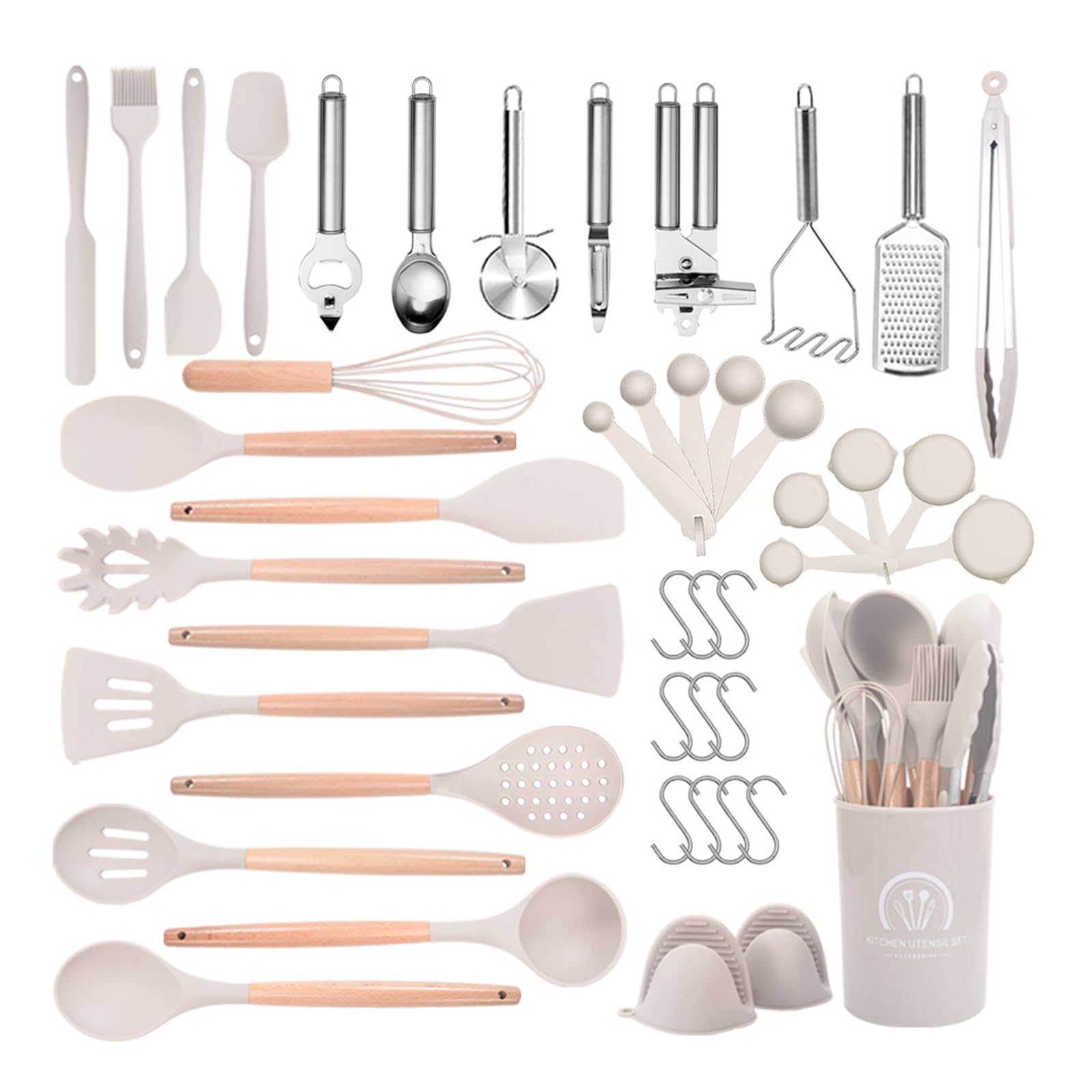 Silikon-Kochutensilien-Set – hitzebeständig, spülmaschinenfest, Holzgriff, 45-teilige Küchenhelfer und Gadgets für antihaftbeschichtetes Kochgeschirr