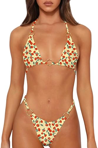 MIKETAI Sexy Bikinis for Women 2 Piece Bikini Spaghetti Strap Swimsuits Solid Color Bathing Swimwear Triangle Bathing Suit - Cherry - Small