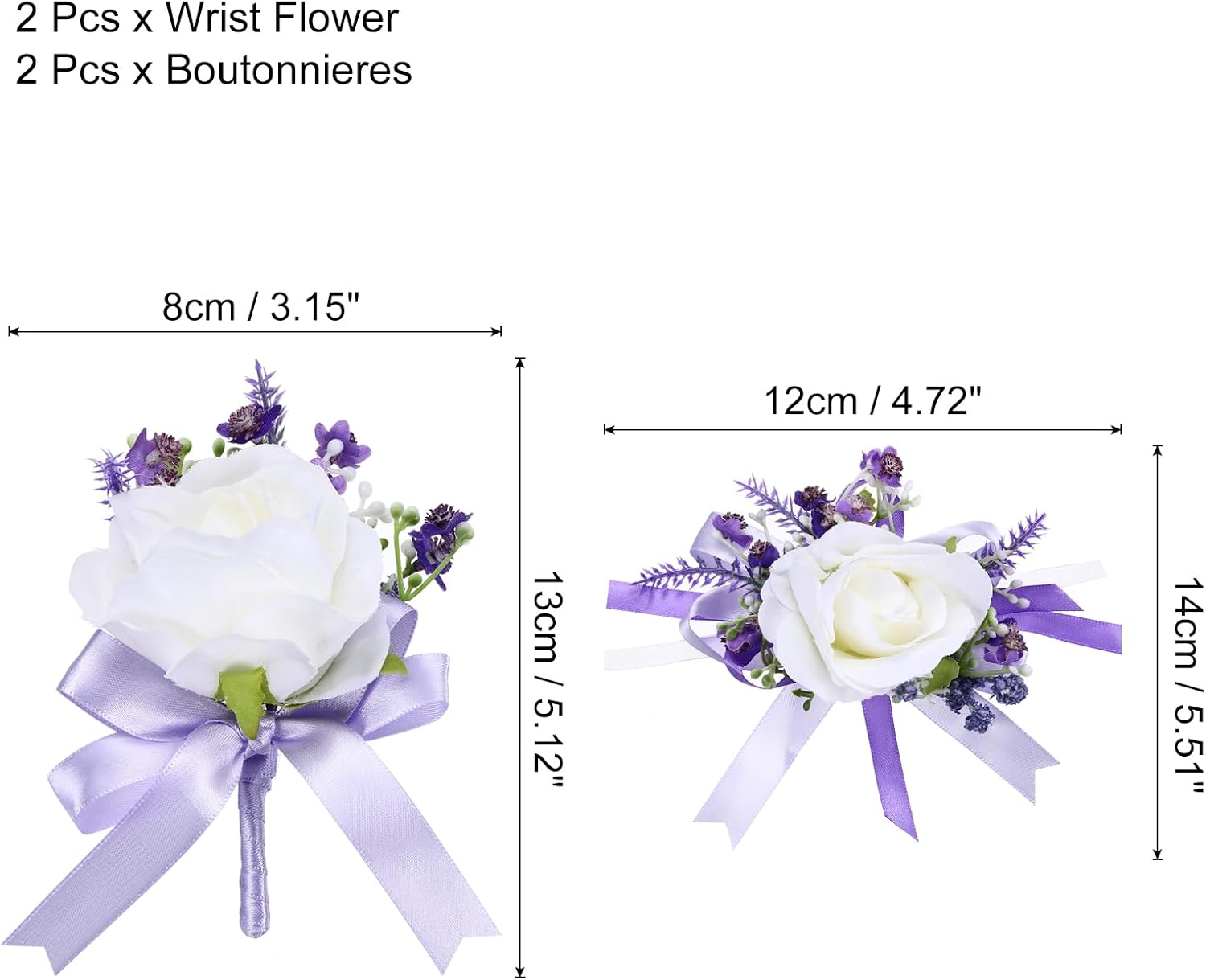 MECCANIXITY 2 Pack Artificial Rose Wrist Corsage and Boutonnieres Set, White and Purple Corsage Wristlet Bride Men Groom Boutonnieres Suit for Wedding Homecoming Party Prom Decorations