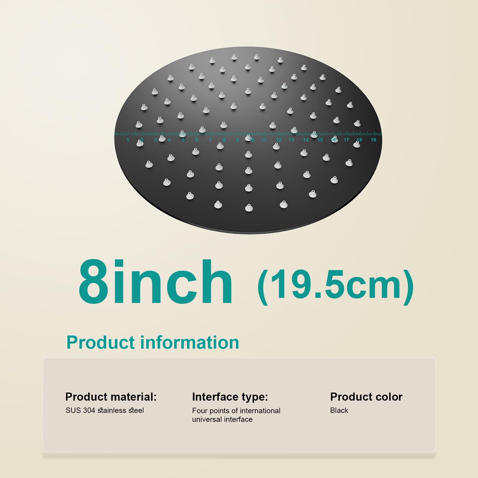Soffione Doccia a Pioggia in Acciaio Inox 304 Nero 20 cm Docce Fisso Rotondo con Getti Silicone Anticalcare