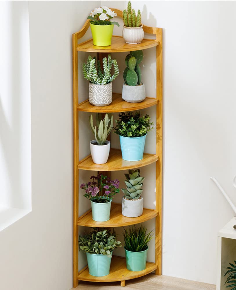 Rubik Plant Stand, 5 Tier Bamboo Corner Shelf for Flowers Pots Indoor Outdoor Balcony Bathroom Living Room Patio Home Décor Display Rack (45x30x128cm, Beige)