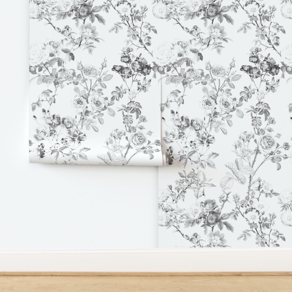 Peel & Stick Wallpaper 3ft x 2ft - English Rose Watercolor Black White Floral Victorian Style Botanical Custom Removable Wallpaper by Spoonflower