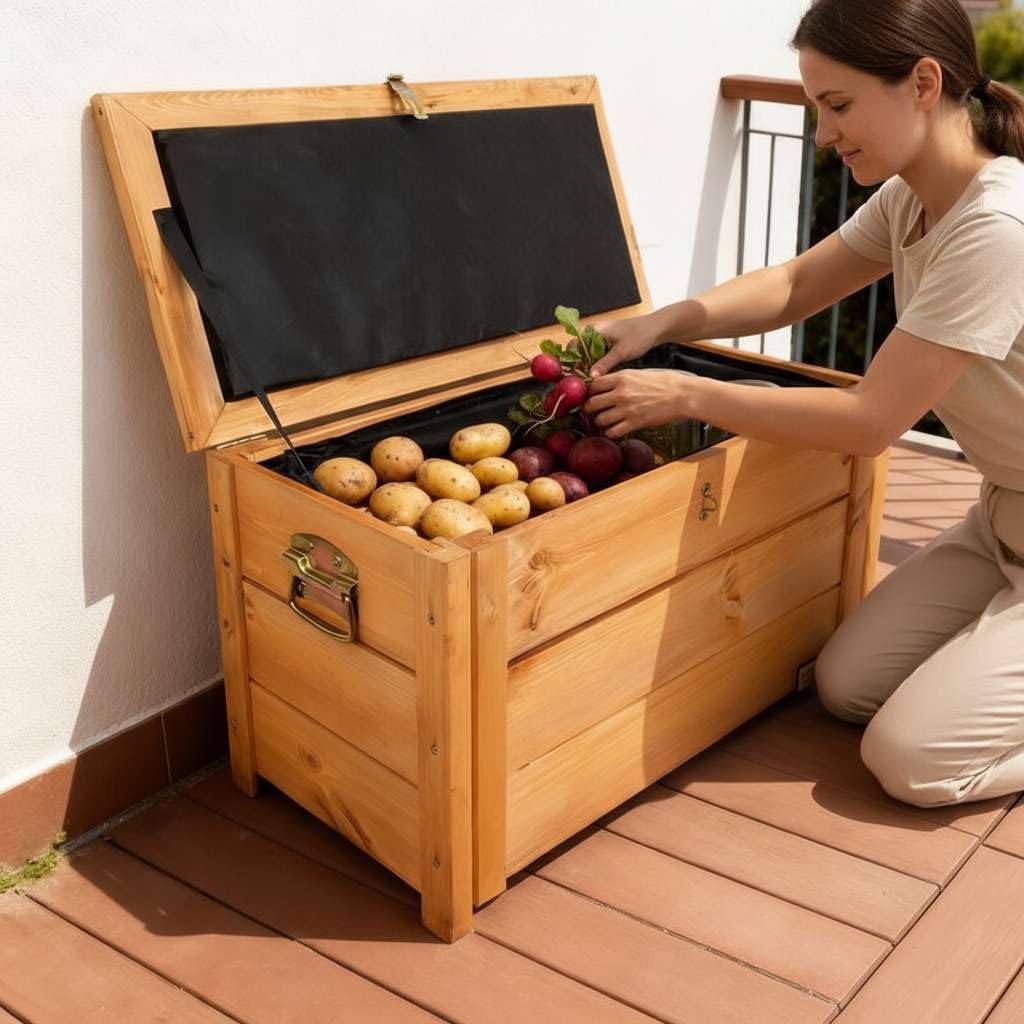 BOGATECO Gartenbox Holzkiste mit Deckel | Thermobehälter | Isoliert Kaste zur Aufbewahrung von Obst und Gemüse 55L | Verstellbare Fächer 79x46x39cm