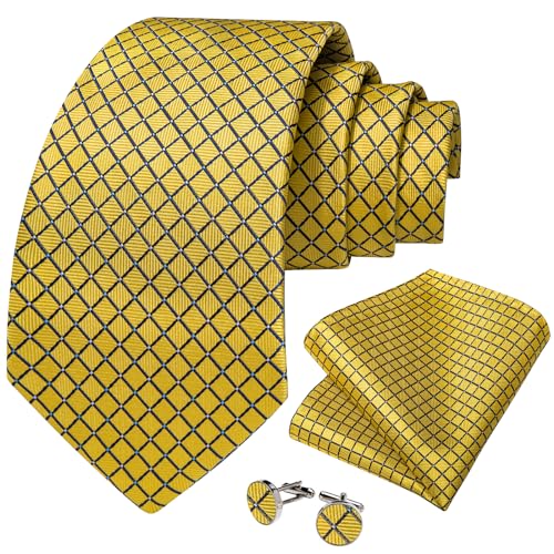 Image of DiBanGu Mens Yellow Plaid Tie Woven Checkered Necktie with Pocket Square Cufflinks Sets in Gift Box Party