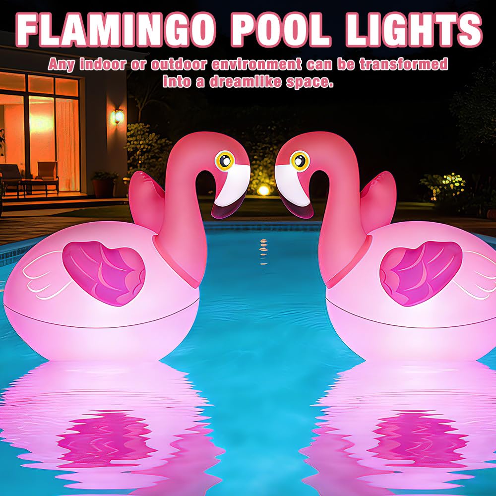 Flamingo Lot de 2 lumières de piscine flottantes solaires flottantes IP68 étanches gonflables flamant rose bouée de natation pour piscine, étang, balcon, jardin, sol