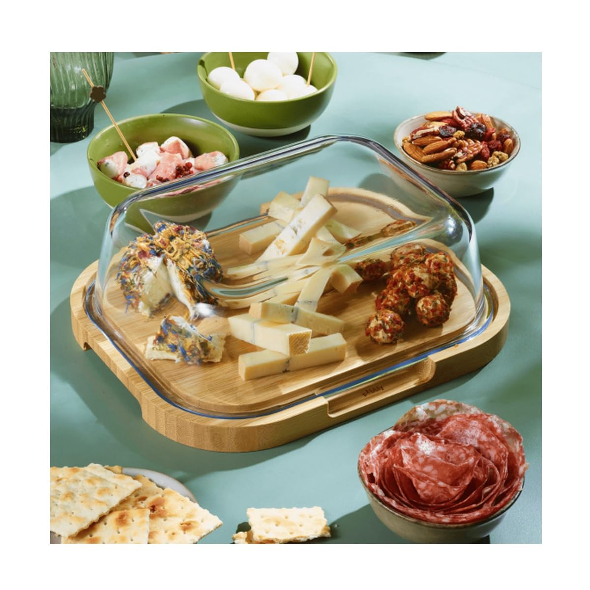 Pebbly – Käsebox mit Glasglocke und Bambustablett – 27 x 21,5 x 9,5 cm – Für 3 bis 4 Käsesorten, klein und kompakt, ideal zum Aufbewahren und Servieren, aus natürlichen Materialien