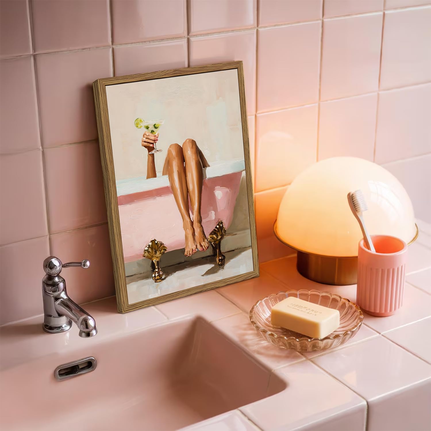 Funny Girl Bathroom Wall Art Pink Cute Girly Bathtub Wall Decor Picture, Trendy Girl Bathroom Martini Cocktail Poster Canvas Print Painting Minimalist Cute Woman Artwork 12x16 inch Wood Framed