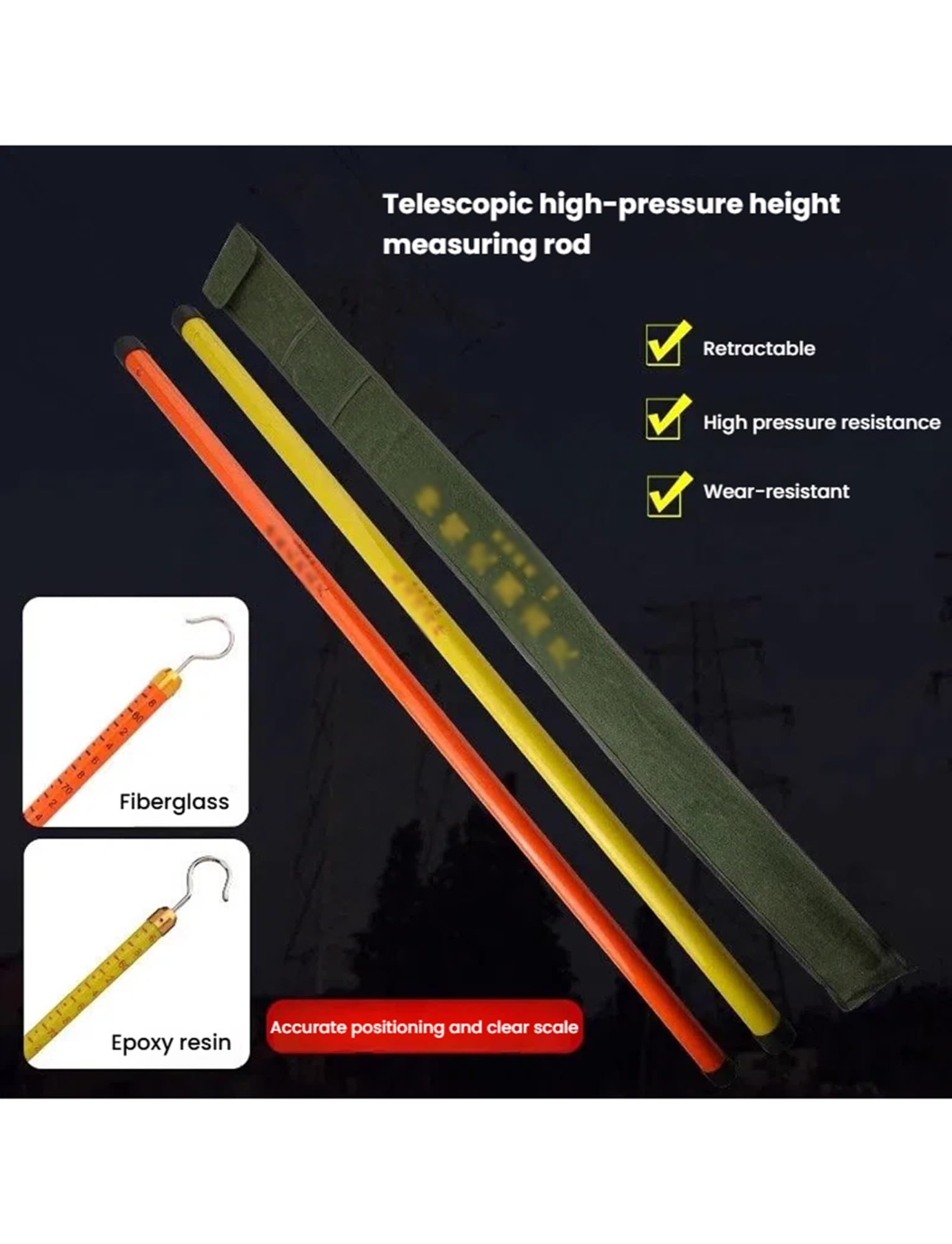 lekka tyczka geodezyjna, Teleskopowy łat pomiarowy wysokości z żywicy epoksydowej 600-1800 cm(L1000cm/35.8ft)