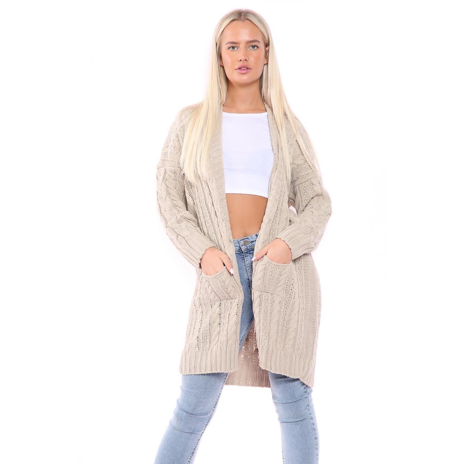 Janisramone Women's Stone Janisramone® Chunky Cardigans, Baggy Oversized Cable Knitted Cape Cardigan, Warm Longline Cardigans For Uk Open Front Long Cardigan With Pockets, Winter Outwear