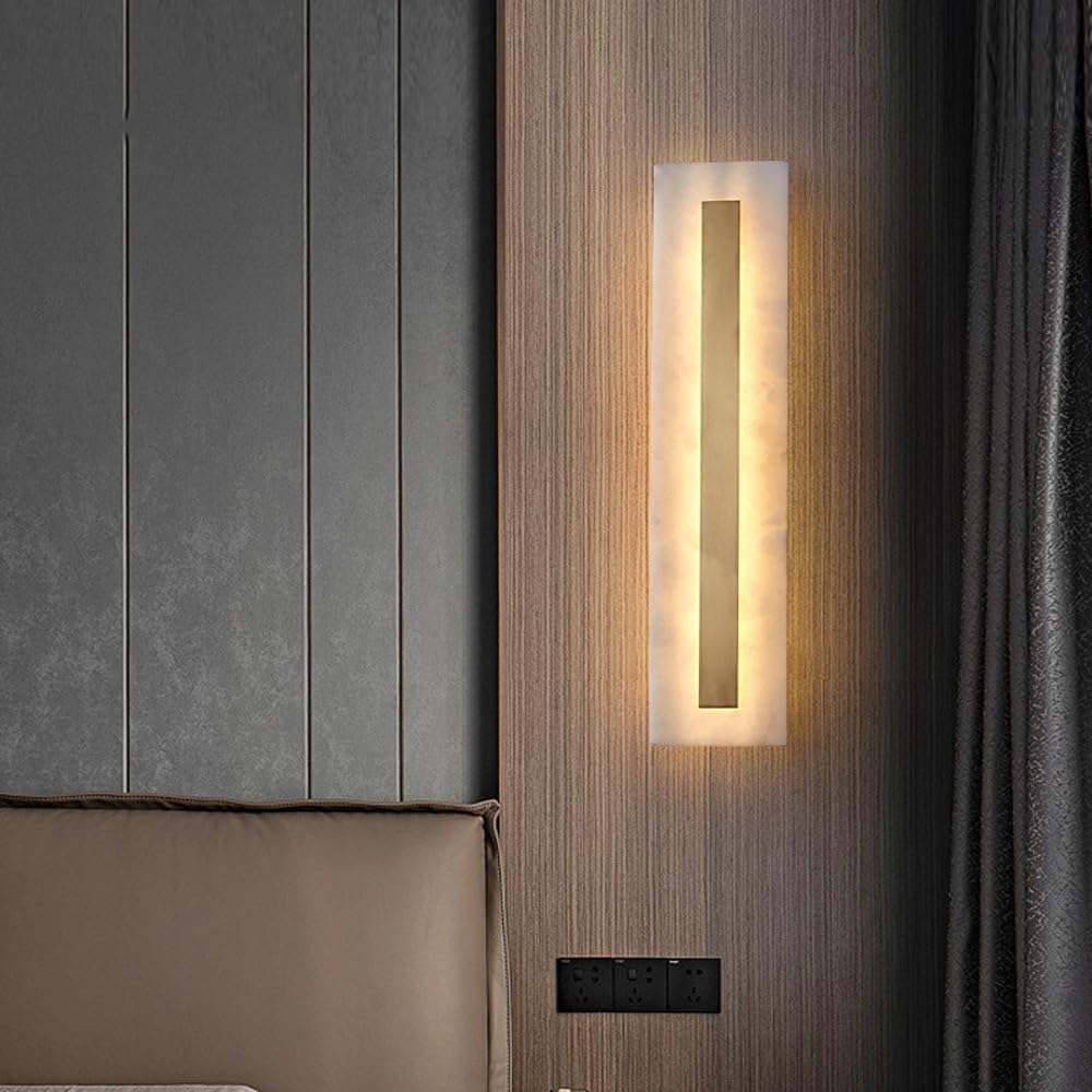HPTHLY Brass & Marble Wall Sconce, Led Linear Light Bar, White Alabaster & Glass, Decorative Lighting For Living Room, Bedroom, Dresser, Contemporary Home De(B)