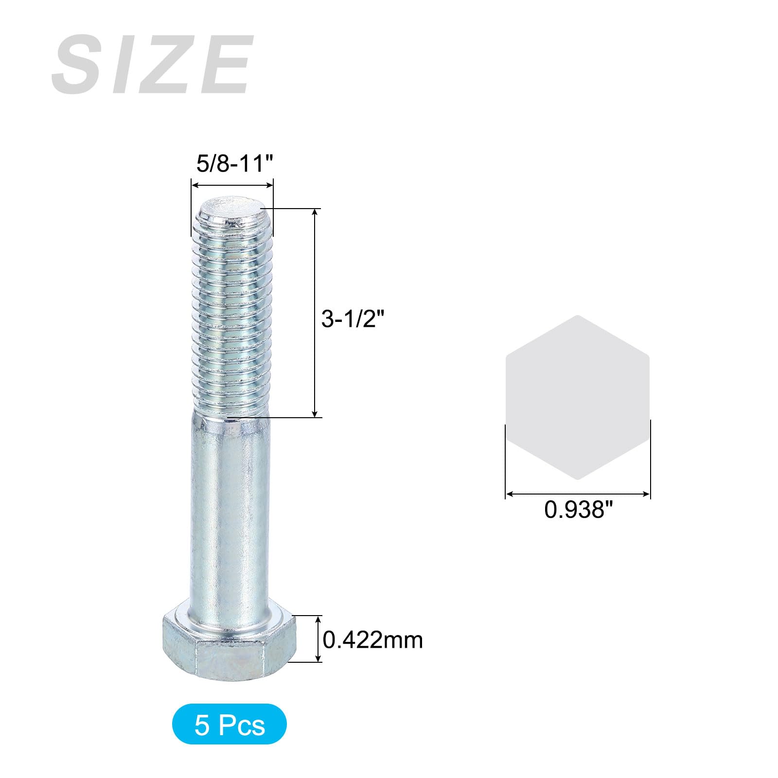METALLIXITY Hex Bolts (5/8-11 x 3-1/2") 5Pcs, Carbon Steel Zinc Plated, UNC Coarse Thread, Partially Threaded - Image 2