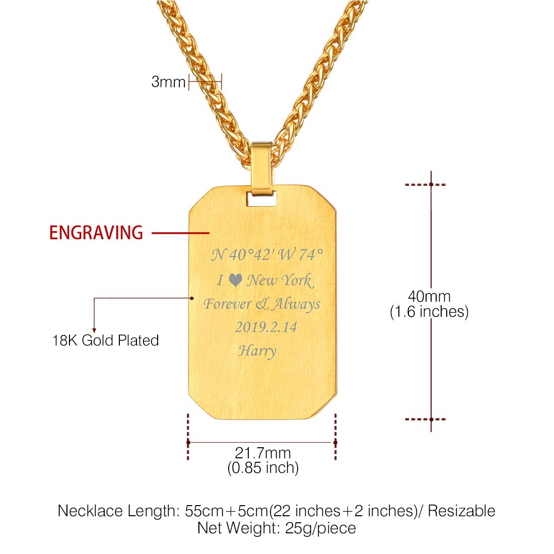U7 Collar Personalizado Placa de Militar Hombre Acero Inoxidable 316L, Dog Tag de Identificación con Cadena Fina, Joyería con Nombres Personalizables