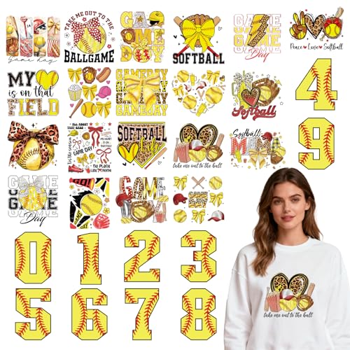 Rngmsi Dtf Transfers Ready to Press - 30 Pcs Softball Sports Iron on Patches for T-Shirts, Game Letter Iron on Stickers Bow Heat Transfer Vinyl Decals for Pillow DIY Fabric Clothes Decor